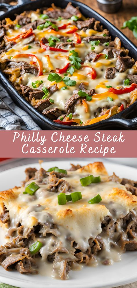 Philly Cheese Steak Casserole Recipe | Cheff Recipes One Pan Philly Cheese Steak, Philly Cheese Steak Over Rice, Philly Cheese Steak Sandwich Recipe Keto, Cheese Steak Casserole Recipes, Philly Cheesestake Casserole, Philly Steak Meat Recipes, Philly Cheesesteak Casserole With Steak, Philly Cheesteak Casserole, Crockpot Philly Cheese Steak Casserole