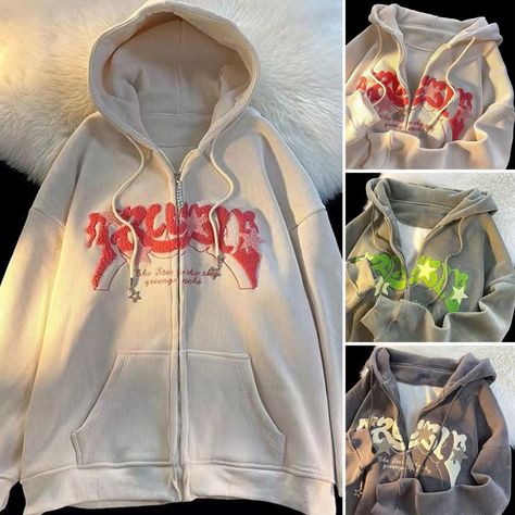 Women Hoodie Hooded Collar Hoodie Stylish Women's Fall Winter Hoodie with Embroidered Letter Detail Coats Y2k, Embroidery Hoodies, Retro Hoodies, Retro Embroidery, Loose Jacket, Loose Cardigan, Y2k Casual, Embroidery Hoodie, Fall Pants