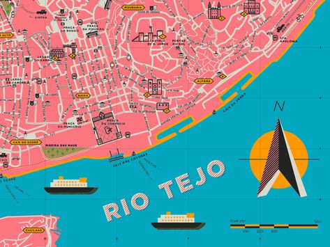 LISBON MAP by Cristinette | Dribbble | Dribbble Lisbon Map, Illustration Travel, Map Illustration, Fashion Organization, Illustrated Map, Map Design, Posters Printable, Tourist Attraction, Lisbon