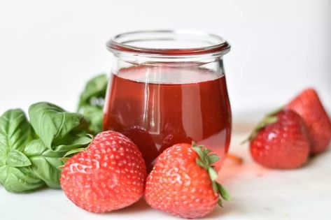 Strawberry Basil Simple Syrup | With Two Spoons Strawberry Basil Simple Syrup, Basil Syrup, Orange Juice Cocktails, Basil Simple Syrup, Steak Dinner Sides, Strawberry Simple Syrup, Simple Syrup Cocktails, Simple Syrups, Strawberry Basil