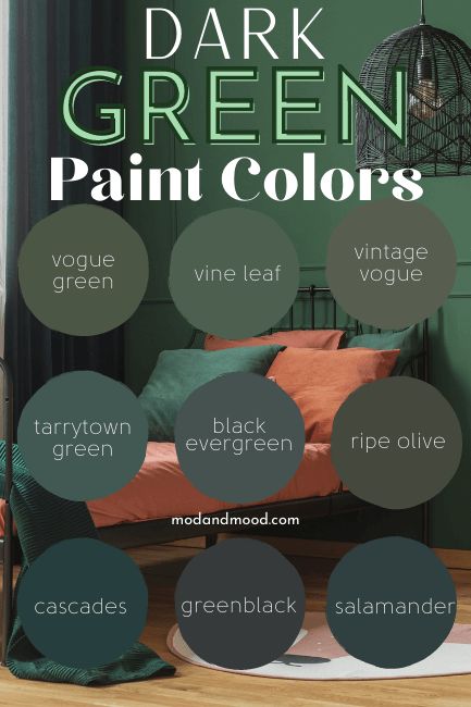 Best Dark Green Paint Colors from Sherwin Williams, Benjamin Moore, and More! - Mod & Mood Dark Cottage Core Paint Colors, Dark Forest Green Paint Colors, Salamander Sherwin Williams, What Color Goes With Dark Green, Dark Green Trim Interior, Dark Green Bathroom Ideas Paint, Jungle Green Paint, Dark Green Paint Bathroom, Dark Green Wall Paint Colors