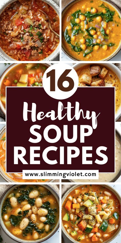 Warm up with these 16 healthy soup recipes that are perfect for cozy meals. From hearty vegetable-packed bowls to creamy delights, these soups are made with wholesome ingredients and bursting with flavor. Perfect for meal prep or a family dinner, they’re easy to make and sure to satisfy. Save this pin for your ultimate winter soup collection! Healthy Stews Clean Eating, Easy Soup Recipes For Two, Thick Soup Recipes Healthy, Easy Sick Day Soup, Comfort Soups And Stews, Quick Easy Soups For Dinner, Healthy Soups And Stews Crock Pot, Easy Winter Soups Healthy, Soups With No Tomatoes