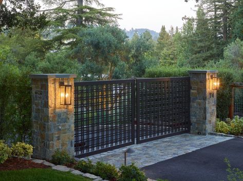 Modern Gate Entrance, Driveway Fence Gate, Modern Gated Driveway Entrance, Modern Driveway Entrance, Stone Gate Entrance, Modern Driveway Gate, Driveway Entrance Gate, Driveway Gate Design, Modern Gates Driveway