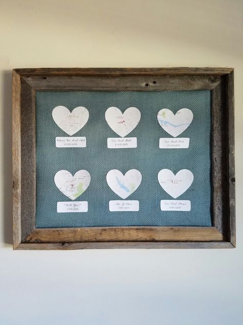 "Where We Met" Map   DIY  burlap wall art. Made from teal burlap, wooden frame, printed out maps cut into hearts, and tacks to pin the burlap to the frame. The maps on the hearts are: Where we met, Our first date, Our first kiss, "Will you?", Mr. & Mrs., and Our first home. Each has the date it took place.  #DIY #burlap #woodenframe #wherrwemet #ourfirstdate #ourfirstkiss #willyou #mr&mrs #ourfirsthome Where We Met Map Diy, Where We Met Map, Chess Cake, Our First Kiss, Burlap Wall Art, Burlap Wall, Our First Home, Diy Burlap, Diy Picture Frames