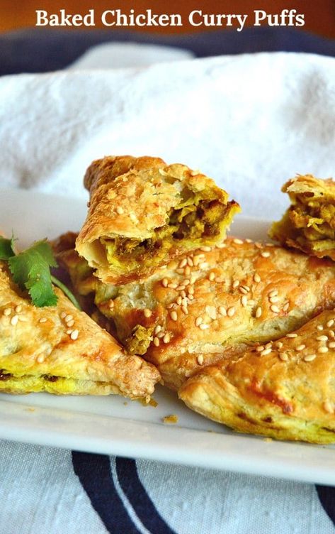 Chicken Curry Puffs are a classic dim sum treat. Serve as an appetizer, snack, or for brunch, these chicken curry puffs are a treat. Easy to make with frozen puff pastry, this recipe is perfect for a party! #currypuffs #snacks #dimsum #chinesefood #puffpastry #curry Puff Pastry Curry Puffs, Chicken Curry Puffs Pastries, Chicken Curry Puffs, Asian Lunch, Chicken Rissoles, Chicken Puff, Curry Puff Recipe, Curry Puffs, Chicken Puffs