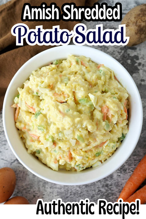 An authentic Amish potato salad recipe that uses shredded and diced veggies to make a delicate potato salad, perfect for serving to a crowd! Walmart Amish Potato Salad Recipe, Hashbrown Potato Salad, Shredded Potato Recipes, Shredded Potato Salad, Shredded Potatoes Recipes, Amish Recipes Authentic, Amish Potato Salad Recipe, Amish Meals, Amish Potato Salad