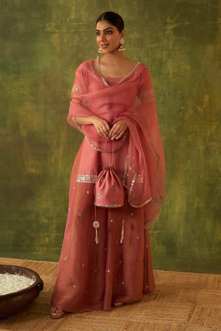 Buy Pink Kurta Pure Chanderi Hand Embroidered Zardosi Square Chitra Sharara Set For Women by Bhawna Sethi Online at Aza Fashions. Simple Sharara Designs Latest, Sharara Designs Simple, Tissue Sharara, Pink Sharara Suit, Pink Suits Women, Sharara Outfits, Sharara Suit Designs, Pink Sharara, Onion Pink