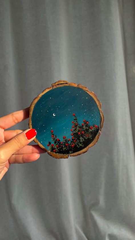 Recreated this painting I had made on the tea rose journal last year! Who remembers? 🌹 Acrylics on wood slice. . . . . . . #artist… | Instagram Painting On Wood Pieces, Wood Coaster Painting, Christmas Wood Slice Painting, Acrylic Painting On Wood Slice, Canvas Magnets Painted, Wood Acrylic Painting, Wooden Circle Painting Ideas, Painting To Recreate, Painting On Wood Ideas