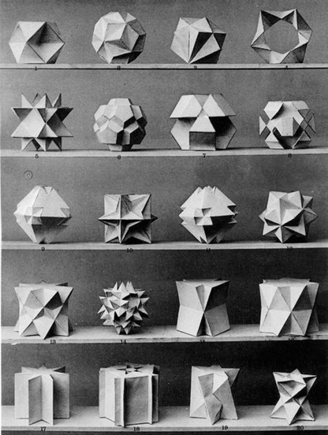 Plates from the book: Max Bruckner, "Vielecke und Vielflache" (Leipzig, 1900) Platonic Solids, Bat Cave, 3d Inspiration, Folding Origami, Platonic Solid, Math Art, 3d Shapes, Geometry Art, Shape And Form