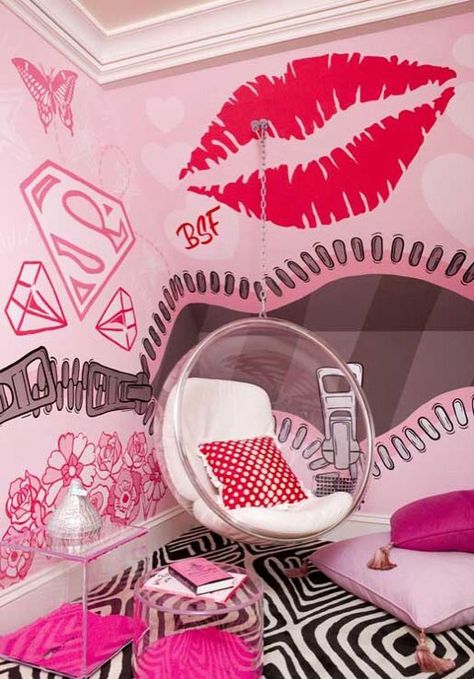 Unique Bedroom Ideas, Pink Bedroom For Girls, Funky Home Decor, Graffiti Wall Art, Boutique Interior, Graffiti Wall, Upstate New York, Teen Room, Pink Walls