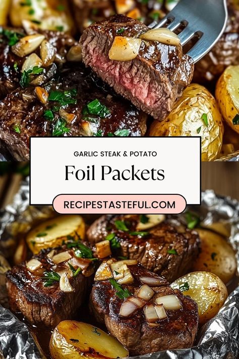 Enjoy this easy and flavorful Garlic Steak & Potato Foil Packets recipe, featuring tender sirloin steak and baby yellow potatoes seasoned with garlic and Italian herbs. Perfect for quick weeknight dinners or outdoor grilling, these foil packets make cleanup a breeze while delivering delicious flavors in every bite. A hassle-free way to impress your family and friends! Cowboy Dinners In Foil, Garlic Steak & Potato Foil Packets, Steak Packets In Oven, Garlic Steak And Potatoes Foil Pack, Garlic Butter Steak And Potatoes Foil, Garlic Steak And Potato Foil Packs, Foil Dinners In Oven, Steak Foil Packets For The Oven, Sirloin Steak And Potatoes