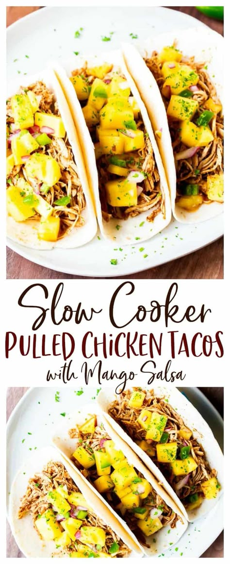 Mango Tacos Chicken, Chicken Tacos Mango Salsa, What To Make With Mango Salsa, Mango Salsa Chicken Crockpot, Mango Habanero Chicken Tacos, Pulled Chicken Crock Pot Recipes Taco, Slow Cooker Pulled Chicken Tacos, Mango Chicken Tacos, Chicken Tacos With Mango Salsa