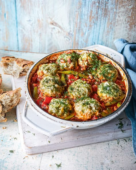 Greek-style casserole with courgette dumplings | delicious. magazine Delicious Magazine, Fritter Recipes, Midweek Meals, Veggie Dishes, Meat Free, Greek Recipes, Vegetarian Dishes, Veggie Recipes, Dumplings