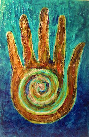 Reiki Art Projects: Hopi Hand, Mixed Media. 2014 EBM. Symbol for healing and creativity Native American Healing Hand Tattoo, Reiki Drawing, Healing Hands Art, Healing Hand Symbol, Michael Kohlhaas, Symbol For Healing, Spiritual Healing Art, Reiki Art, Human Painting