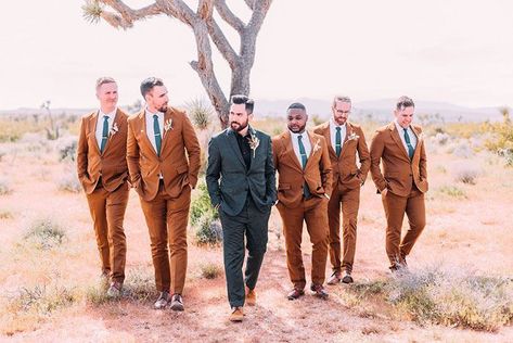 Unique Groomsmen Suits in Copper with a Black Suit for the Groom Copper Groomsmen Suits, Rust Groomsmen Suits, Shades Of Brown Groomsmen Suits, Copper Groomsmen, Brown Groomsmen Suits, Brown Groomsmen, Pastel Bohemian, 3 Piece Suit Wedding, Groomsmen Style