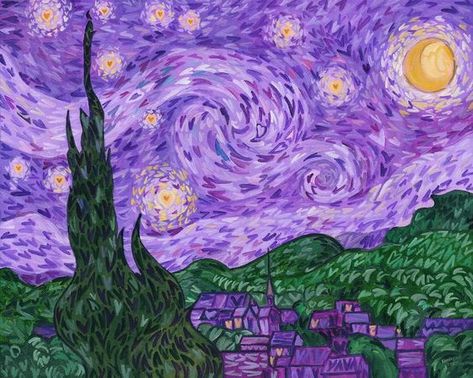 Gogh The Starry Night, Starry Night Art, Purple Painting, Starry Night Painting, Wallpaper Purple, Arte Van Gogh, The Starry Night, Cute Canvas Paintings, Soyut Sanat Tabloları