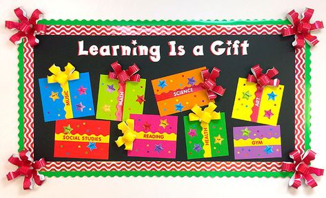 Learning is a gift! Make this Christmas theme bulletin board for your classroom and have students add their names to their favorite school subjects on the gifts! Boards In Classroom Ideas, Learning Is A Gift Bulletin Board, Poster Board Christmas Ideas, Christmas Decor Ideas For A Classroom, How To Decorate A Classroom For Christmas, Christmas Display Board Ideas, Christmas Bulletin Boards For School Hallways, Christmas Bulletin Board Ideas Middle School, Christmas Classroom Ideas Decorations