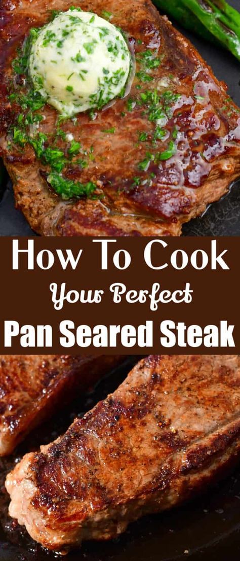 Pan seared steak will be a very easy but a special weeknight dinner since it only takes a few minutes. Learn how to easily make your best steaks on stove top. With a simple seasoning of salt and pepper and garlic butter on top, your steaks will shine! Steak On Stove, Steak Ribeye, Ribeye Steak Recipes, Pan Seared Steak, Grilled Steak Recipes, Steak Butter, Perfect Steak, Rib Eye, Seared Steak