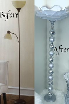 I modified this old floor lamp at home using ornaments to make this beautiful glam new lamp. Very inexpensive and easy to make. Old Floor Lamp, Floor Lamp Makeover, Diy Floor Lamp, Ornaments To Make, Lamp Kitchen, Lamp Makeover, Hal Decor, Remodeling Kitchen, Diy Dollar Tree Decor