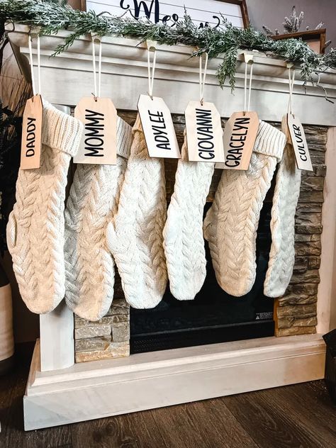 DIY Stocking Name Tags - Kimmy Manzo Diy Stocking Tags Wood, Name Tags For Stockings Diy, Diy Stocking Name Tags, Stocking Name Tags Diy, Christmas Craft Ideas For Adults, Simple Christmas Crafts, Elegant Wreaths, Craft Ideas For Adults, Stocking Name Tags