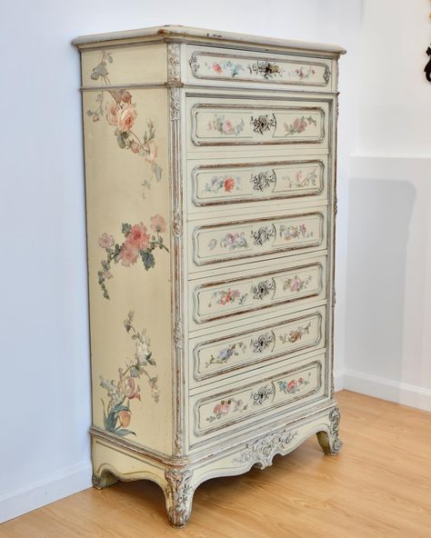 Chest of all trades. SOLD! Antique French paint decorated and carved Louis XV style chest of drawers with a maple lined secretary desk, circa 1890. Dimensions: 55”H x 31.5”W x 17”D. Style Chest Of Drawers, Secretary Desk, Secretary Desks, Chest Of Drawers, French Antiques, Drawers, Carving, Desk, Paint