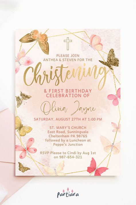 Self-editable 5x7" invite - follow the link for details and free demo! ♦ Easily edit online in your browser then download and print or send digitally ♦ Create a memorable event, starting with this elegant pink gold butterfly invite, perfect for a girl’s christening 1st birthday party ♦ #christeningbirthday #christeninginvites #birthdaychristening #1stbirthday #invitationsgirl #girlschristening #butterflyparty #girlchristening #pinkgoldbutterfly #christeningeditable #digitalinvitation Pink Butterfly Party, Butterfly Party Invitations, Butterfly Invite, Butterfly Birthday Party Invitations, Peach Butterfly, Christening Invitations Girl, Baptism Invitations Girl, Butterfly Invitations, Watercolor Butterflies