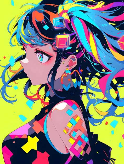 Cmyk Art Illustration, Anime Pop Art, Cmyk Art, Bright Art, Anime Pixel Art, Unique Drawings, Dark Art Illustrations, Cyberpunk Art, 영감을 주는 캐릭터