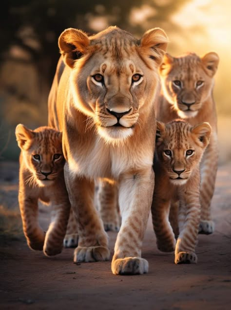 Lion Family Pictures, Lion And Lioness Photography, 4 Lions Family, Lioness And Cub Tattoo, Two Lions Photos, Lioness With Cubs, Lions And Lioness Love Couples, Lioness And Cubs, Big Cat Family