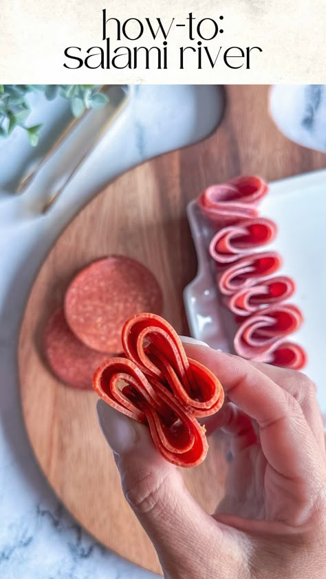 Kim Charon | Charcuterie & Things LLC | How-to: SALAMI RIVER 1️⃣Prepare the Salami: Start by folding each salami slice in half, with the rounded edge facing up. 2️⃣Create the... | Instagram Salami River, Salami Rolls, Washing Your Hands, Flowing River, Food Boards, Food Handling, Catering Ideas Food, Charcuterie Inspiration, Entertaining Ideas