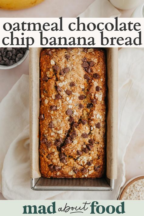 This Oatmeal Chocolate Chip Banana Bread is the perfect comforting and hearty banana bread recipe. Make this gluten free loaf with oat flour, bananas and, of course, chocolate chips. Gluten Free Loaf, Oat Flour Banana Bread, Banana Bread Gluten Free, Oatmeal Bread Recipe, Banana Oat Bread, Oatmeal Banana Bread, Oat Bread, Banana Bread Loaf, Flours Banana Bread