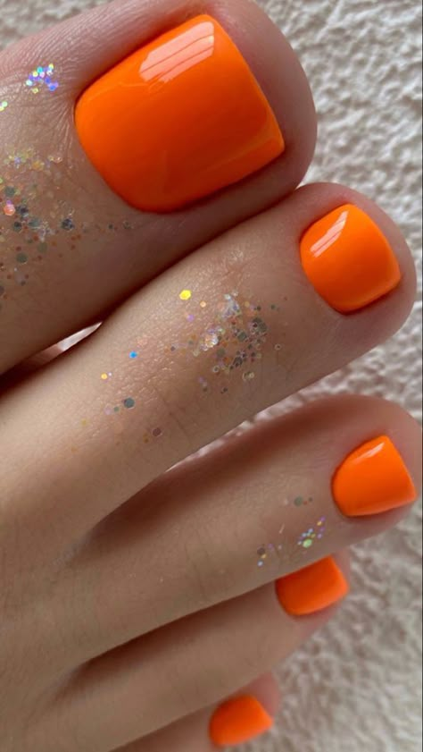 Orange Toe Nails, Glitter Toe Nails, Pedicure Gel, Gel Toe Nails, Toe Nail Color, Pretty Toe Nails, Cute Toe Nails, Summer Toe Nails, Vibrant Nails