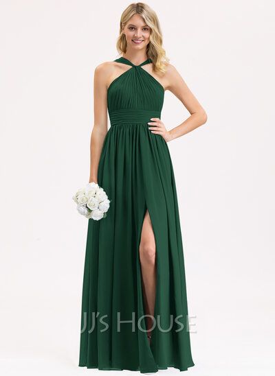 A-Line V-neck Floor-Length Chiffon Bridesmaid Dress With Ruffle Split Front (007206462) - JJ's House Dark Green Bridesmaid Dress, Lace Chiffon Bridesmaid Dress, Wedding Evening Party, Perfect Bridesmaid Dress, Floor Length Chiffon Bridesmaid Dresses, Yule Ball, Lace Bridesmaids, Evening Party Gowns, Chiffon Evening Dresses