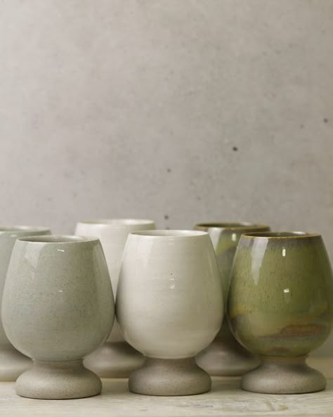 Helen & Danielle Cattell on Instagram: "Wine cups in sage, snow and luscious jade glazes. We have lots of pottery in our house, as you would expect. We have a lot of pieces going out of our studio each week. There are many pieces that come out of the kiln that I stop to admire and tell Danielle what wonderful work she is producing. But when these wine cups came out, I was in awe. I really did not want to let this set go. It is stunning in both design and function. Danielle promised me s Pottery Drinking Vessels, Drinking Vessels Ceramics, Fast Ceramic Projects, Pottery Wine Goblets, Ceramic Wheel Projects, Clay Wine Cup, Ceramic Wine Goblet, Ceramic Pottery Wheel, Handmade Bowls Pottery