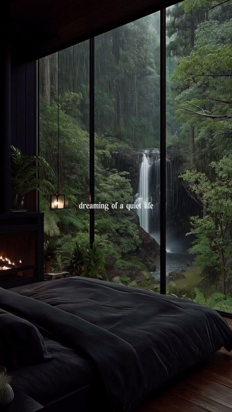 🌲 dreaming of a quiet life in a black cabin, hidden deep in a rainy forest. raindrops on the roof, the scent of earth, the stillness that feels like home. 🖤 • • • • #blackinterior #blackinteriors #cabin #logcabin #forest #woods #peaceful #luxury #luxurious #luxuryhomes #dreamhome #gothic #serenity Forest Industrial House, Gothic Cabin In The Woods, Rain Aesthetic Bedroom, Dark Forest House Aesthetic, Comfortable Life Aesthetic, Cabin In Woods Aesthetic, Dark Aesthetic House Interiors, Luxury Forest House, House In The Mountains Aesthetic