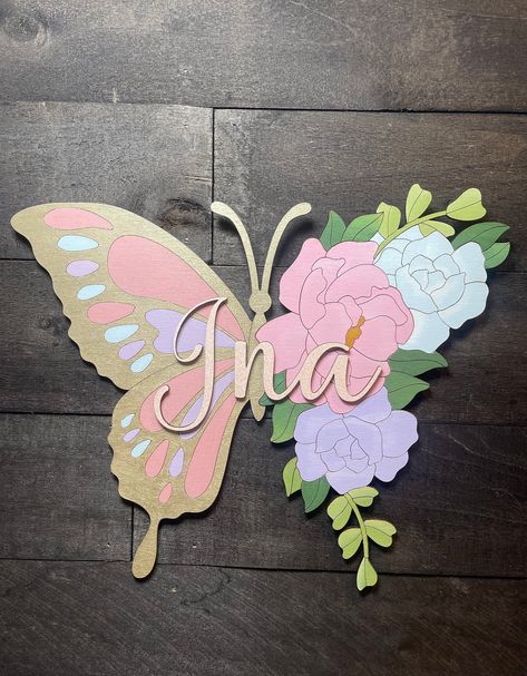 Butterfly Nursery Name Sign, Floral Nursery Name Sign, Baby Girl Nursery Signs, Nursery Name Signs, Wooden Name Signs, Round Nursery Sign by EASCustomDesignsLLC on Etsy Name Signs For Nursery, Rainbow Name Sign, Signs For Nursery, Baby Girl Nursery Sign, Wood Name Signs, Nursery Room Themes, Wooden Work, Kids Room Sign, Butterfly Nursery