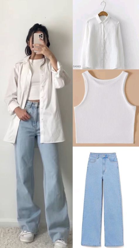 Aesthetic Outfits For College, How To Style A Baggy Shirt, Blue Wide Jeans Outfit, Blue Jeans And White Top Outfit, White Shirt Blue Jeans Outfit Women, Casual Baggy Jeans Outfit, Baggy Denim Jeans Outfit, Aesthetic Dressing Style, Blue Wide Leg Jeans Outfit