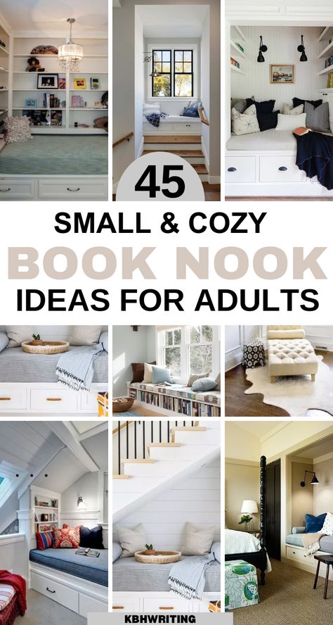 Escape into the world of literature with these small and cozy book nook ideas for adults. From tucked-away corners to creative displays, explore ways to craft your own personal reading sanctuary. Create a space that invites relaxation, exploration, and the pure joy of getting lost in a good book. #BookNookIdeas Reading Room Ideas Cozy, Book Nook Ideas, Cozy Book Nook, Reading Nook Diy, Small Home Library, Closet Nook, Reading Nook Closet, Attic Room Ideas, Cozy Home Library