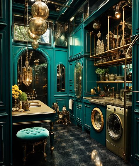 Dark Teal Interior Design, Chrome Room Aesthetic, Whimsigoth Laundry Room, Jewel Tone Laundry Room, Dark Teal Decor, Witchy Laundry Room, Maximalist Laundry Room, Dark Teal House, Dark Teal Room