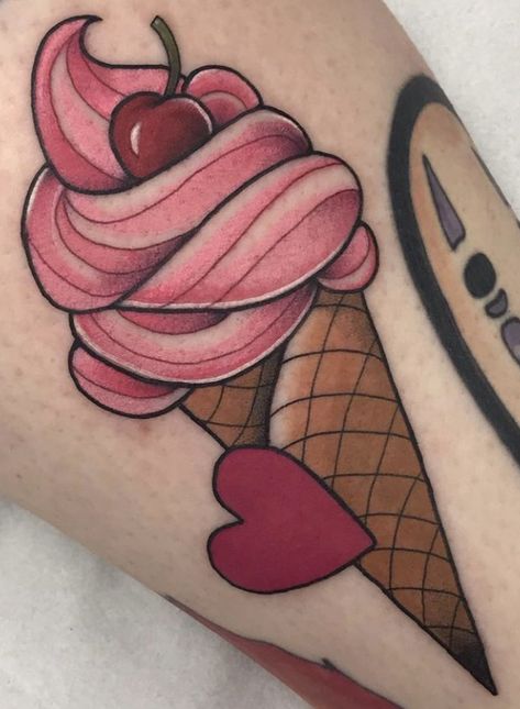 Neotraditional Knee Tattoo, Traditional Ice Cream Tattoo, Dessert Tattoo Ideas, Ice Cream Cone Tattoo, Sweets Tattoo, Pink Heart Tattoo, Dessert Tattoo, Cake Tattoo, Cupcake Tattoo