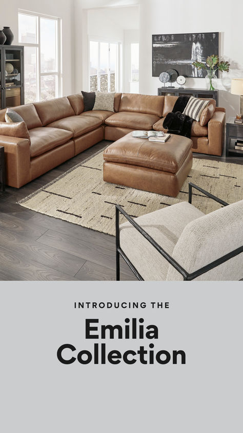 Introducing the Emilia Collection! This collection offers versatile seating options that effortlessly elevate any living space. Living Room Caramel Couch, Living Room With Leather Couch, Tan Couches, Tan Leather Couch Living Room, Leather Sectional Living Room, Modern Leather Couch, Brown Leather Sofa Living Room, Tan Couch, Brown Leather Couch Living Room