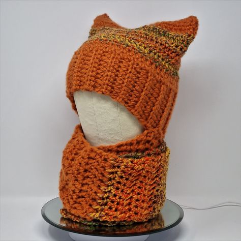 Egirl Accessories, Chunky Knit Crochet, Crochet Cat Ear Beanie, Balaclava Crochet, Scarf Balaclava, Cat Ear Beanie, Crochet Cat Hat, Hat With Ears, Ear Beanie