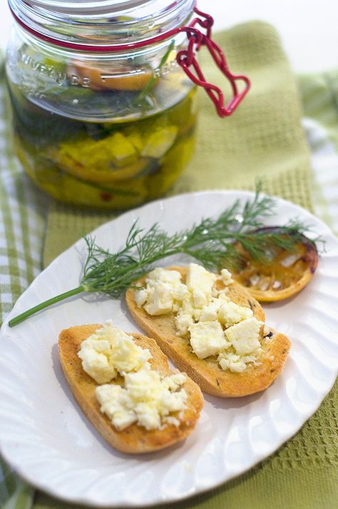 Marinated Feta with Roasted Lemon and Dill Marinated Feta, Quick Appetizer, Lemon Dill, Quick Appetizers, Best Comfort Food, Always Hungry, Summer Food, Salad Dressings, Red Pepper Flakes