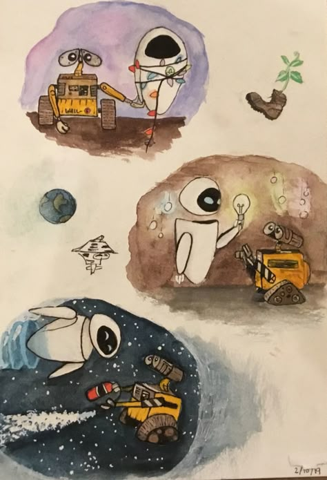 Wall E Drawings Disney Pixar, Wall·e And Eve Drawing, Wallee And Eve Cute, Eve And Wall E Drawing, Walle And Eve Wallpaper, Wall E And Eve Painting, Eve And Wall E Tattoo, Wallie Drawings, Skacbook Ideas