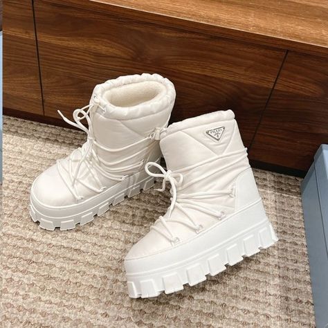 Prada ski boots for women Prada Ski Boots, Prada Snow Boots, Thick Sole Boots, Ski Boots For Women, White Winter Boots, Cold Wear, High Platform Shoes, Shoes Girl, Welcome Friends