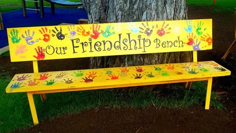 FRIENDSHIP BENCH handprints or fingerprints of those who helped at Garden Day Friendship Bench, Daycare Playground, Buddy Bench, Preschool Playground, Sensory Garden, School Playground, Children's Garden, Natural Playground, Outdoor Classroom