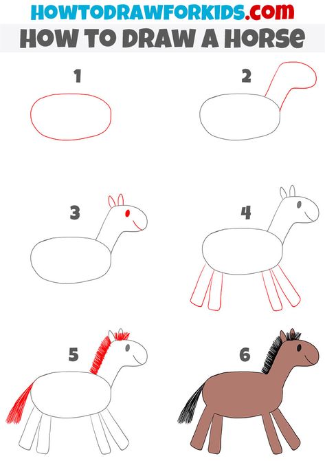 How to Draw a Horse for Kindergarten - Easy Drawing Tutorial For Kids Draw Horse Easy Kids, Drawing Lessons For Kindergarten, Drawing A Horse Easy, How To Draw For Kindergarten, Easy Drawings Horse, Easy Horse Drawing Step By Step, Drawing Horses Easy, Drawing For Kindergarten Kids, How To Draw Horses Step By Step