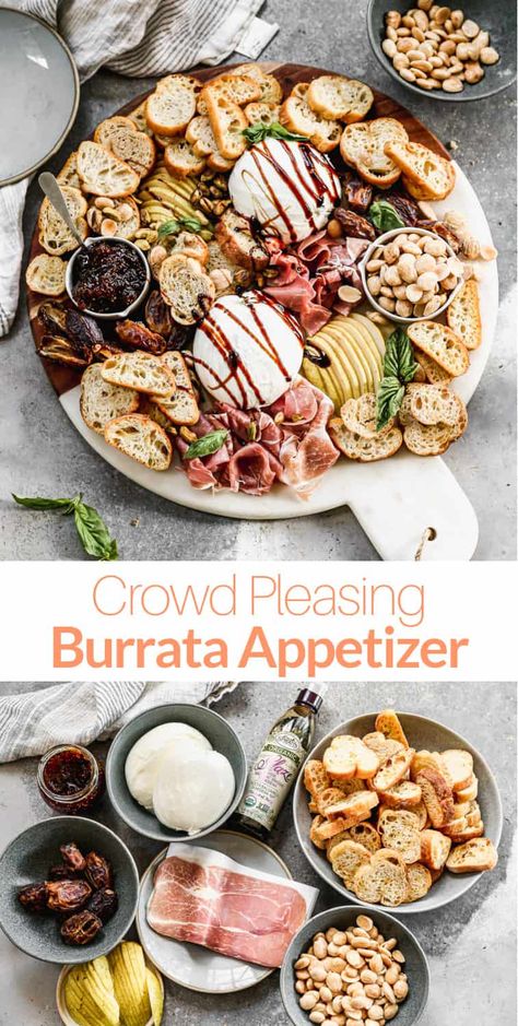 Charcuterie With Burrata, Bursts Board, Buratta Cheese Appetizer, Easy Burrata Appetizer, Burrata Board Ideas, Burrata Cheese Board, Baratta Cheese Appetizers, Buratta Board, Burrata Charcuterie Board