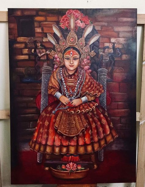 Living god Kumari of Nepal Kumari Goddess, Nepali Culture, Nepal Clothing, Indian Goddess, Thangka Painting, Hinduism Art, Devi Durga, Tibetan Art, Sitting Poses