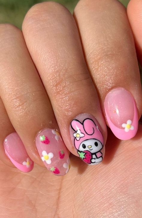 My Melody Nails For Kids, Nail Designs For Little Kids, Nail Ideas For Girls Kids, Cute Kid Nails Ideas, Nail Designs For Kids Cute, Kids Nail Designs Short, Hello Kitty Summer Nails, My Melody Nails Short, Disney Nails Kids