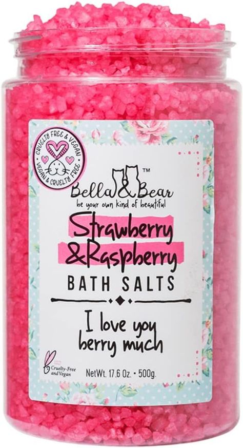 Bella & Bear Strawberry & Raspberry Bath Salts, Foot Soak, Detox, Fruity Scent,17.6oz Himalayan Salt Bath, Shower Jellies, Crystal Bath, Natural Aromatherapy, Reusable Packaging, Foot Soak, Grapefruit Essential Oil, Bath Salt